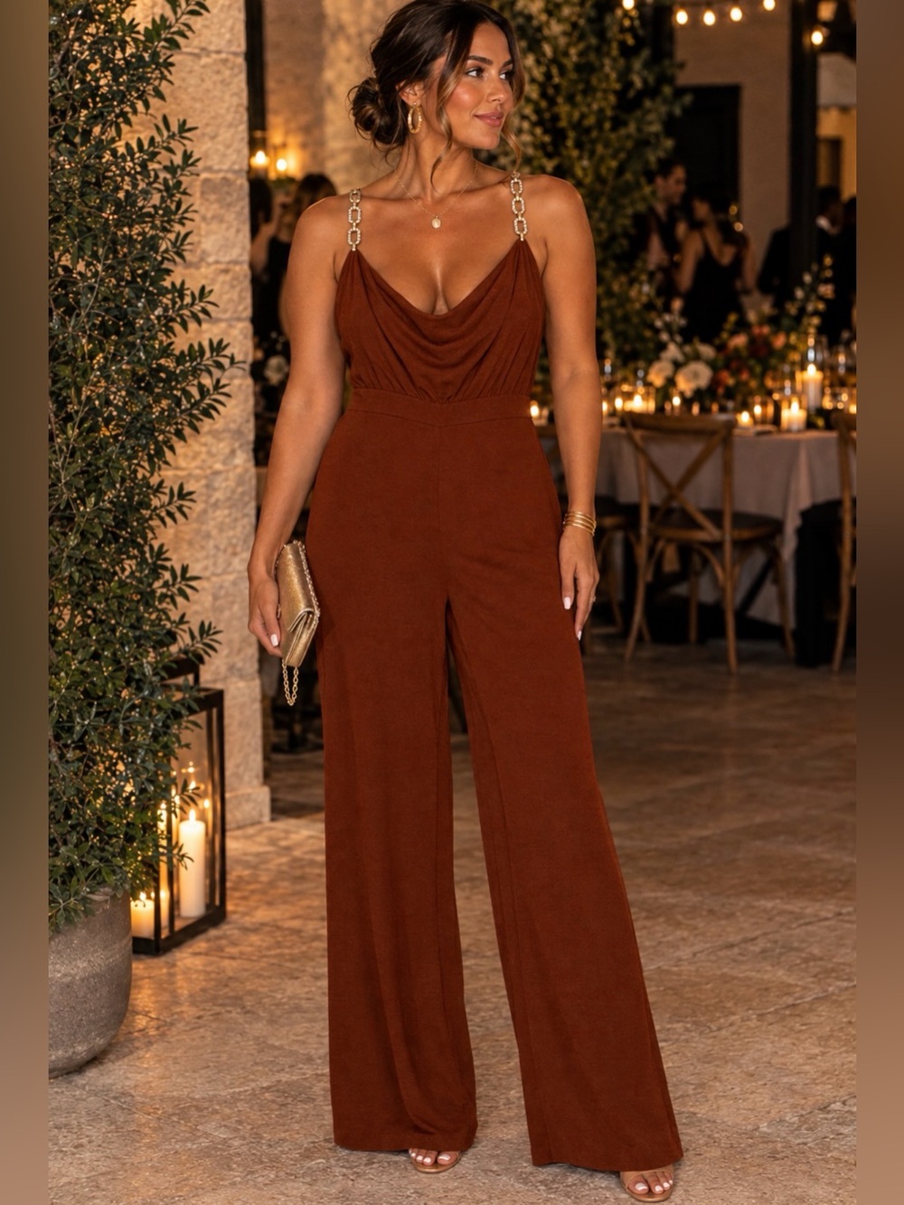Jason Wu Emmett Cowl Neck Jumpsuit Wide Leg Retro Disco Jewel Strap Large Boho